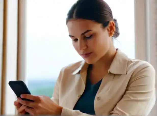 A person checking a phone screen or document with a relaxed expression