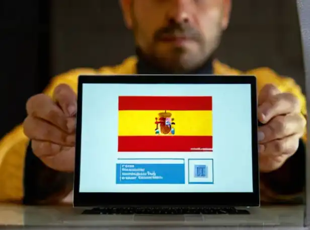 Spanish worker holding identification card in front of computer