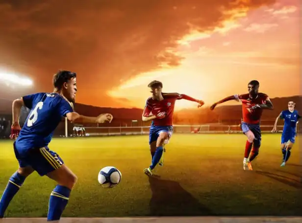 Football players in intense action on a pitch at sunset