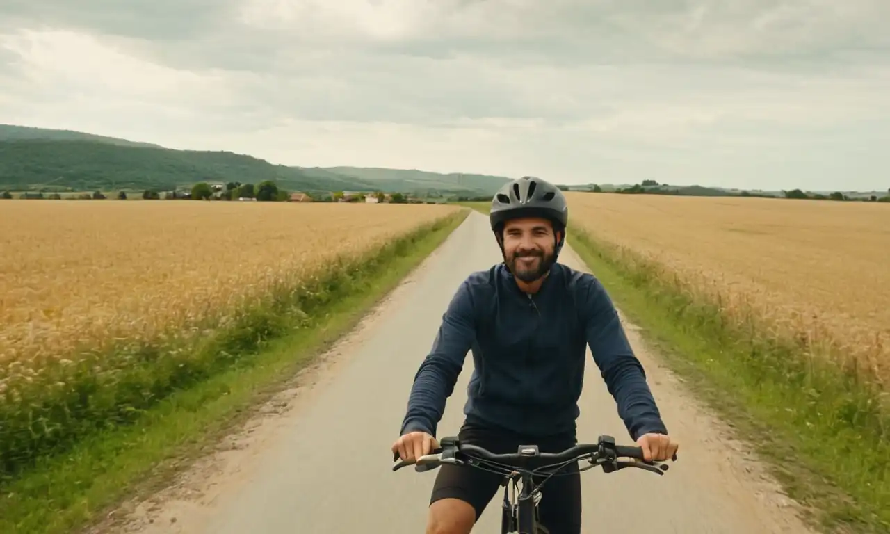 Motorista feliz en un paisaje rural con bicicleta y casco