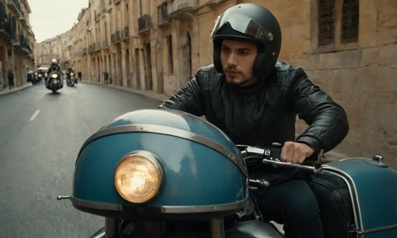 Un joven sentado en un sidecar, con un casco de motocicleta