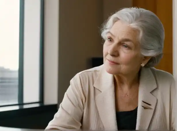 Elderly woman applying for IMSERSO scholarship in a bright office