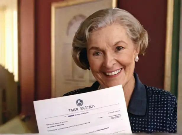 Elderly smiling woman holding application papers with a clock in the background