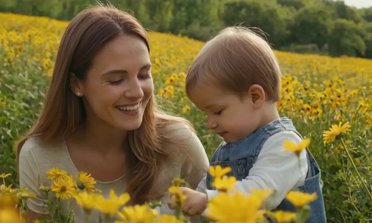 Una madre sonriente rodeada de flores, con un niño jugando detrás