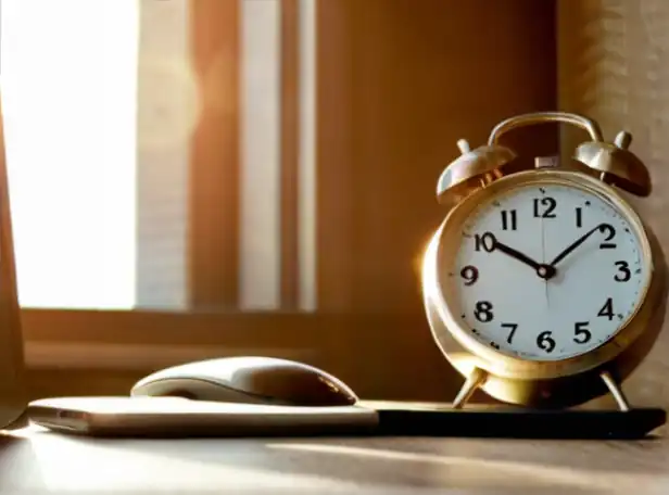 Summer sun shining on a worker sitting at a desk with a laptop and clock