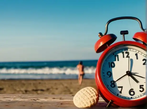 A clock ticking away with a summer beach scene in the background