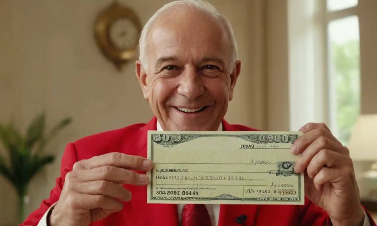 80 años de seguridad financiera, personaje jubilado sonriente con cheques