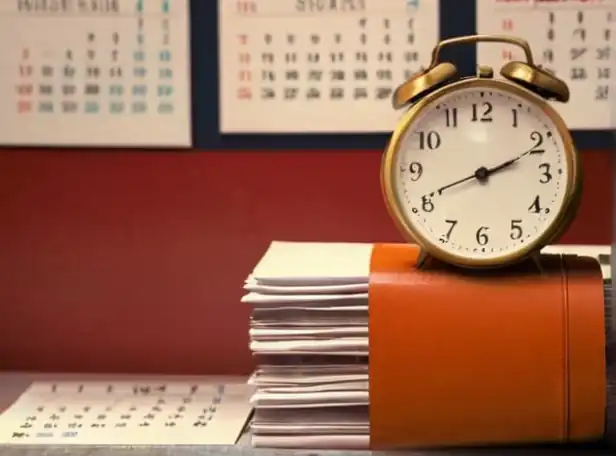 A calendar and a stack of papers with a clock in the background