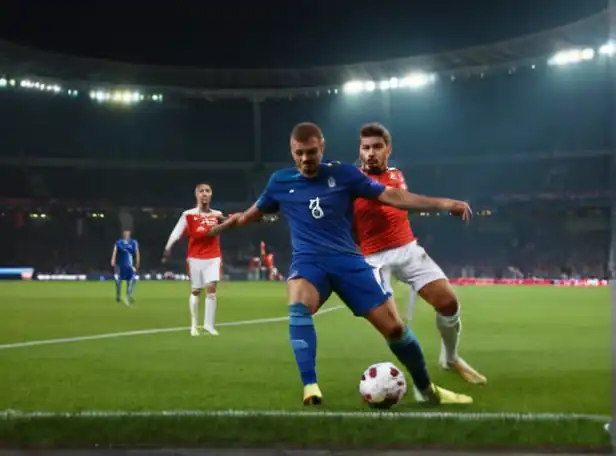 European football players in action on a stadium pitch