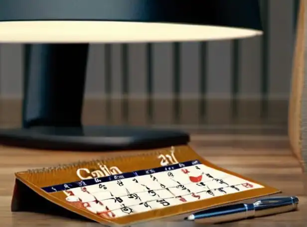 A calendar on a desk with a pen and coins