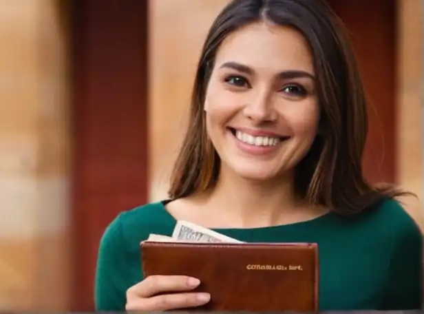 A woman holding a bankbook and smiling with financial relief