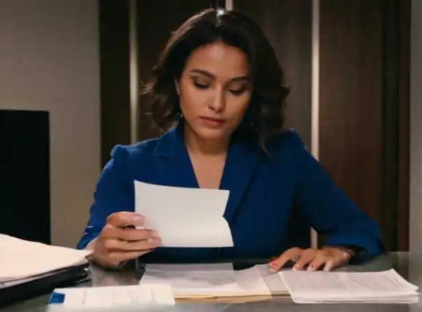 Woman sitting at desk with papers and phone