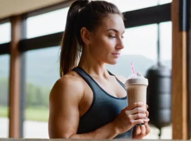 Fit person holding protein shake post workout in a bright gym