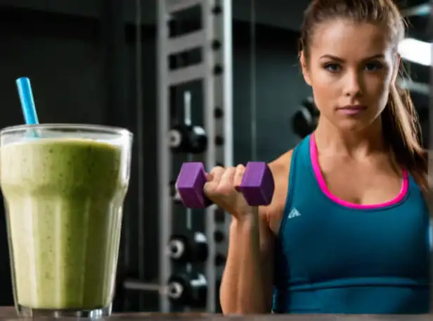 Fit person lifting weights with protein shake