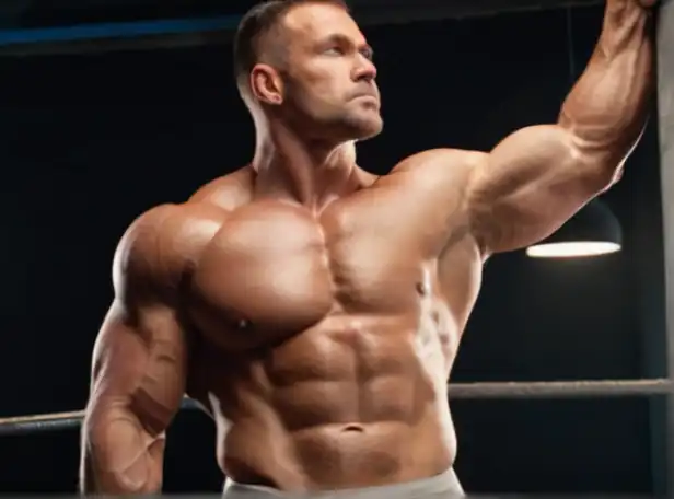 Muscular person flexing with protein shake