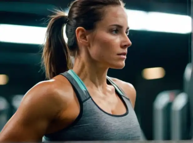 Fit woman sweating intensely in a high-intensity workout