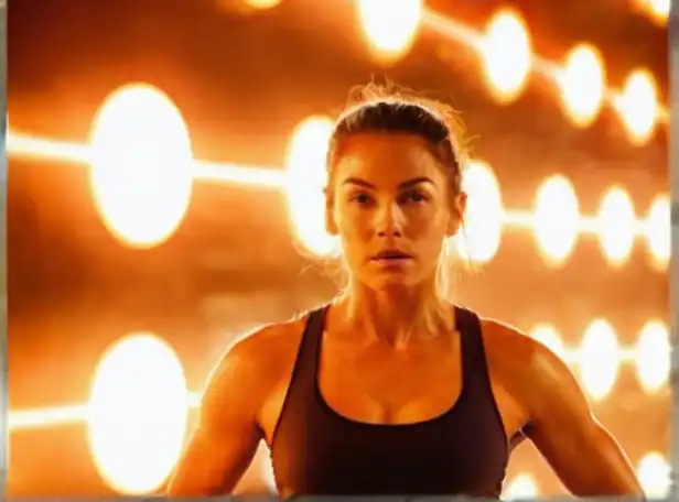 Fit woman in motion against a background of energetic lights and sweat