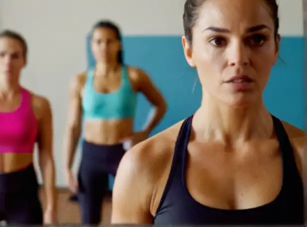 Fit woman sweating intensely in a group fitness class