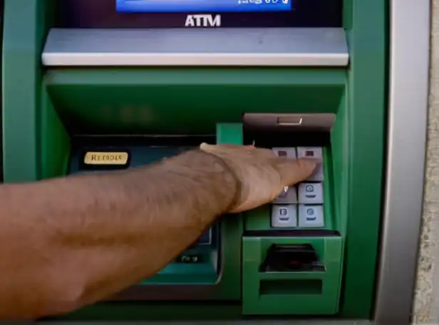 Hands counting cash at ATM screen