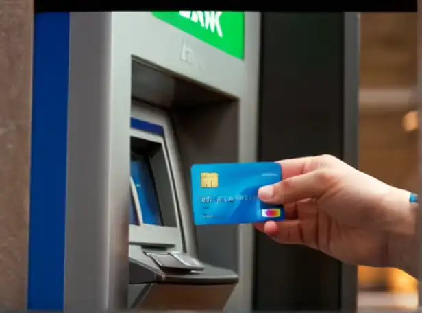 A person holding a bank card and looking at a ATM screen