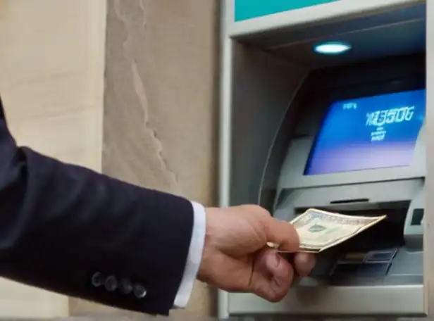 Hands inserting cash into an ATM with a surprised expression