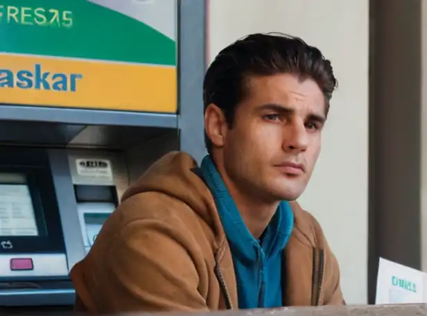 A person sitting at a cash machine with a concerned expression