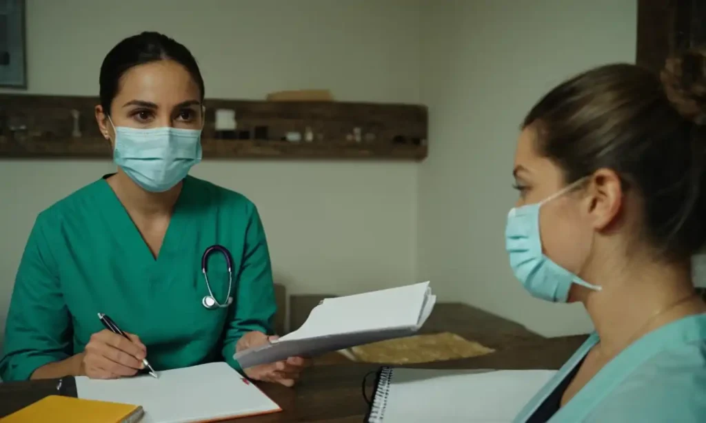 Dos personas con mascarilla saludables consultando con un médico