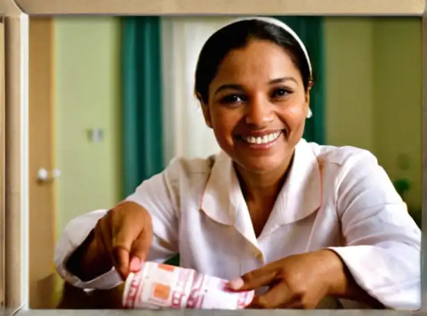 A smiling domestic worker counting retirement savings