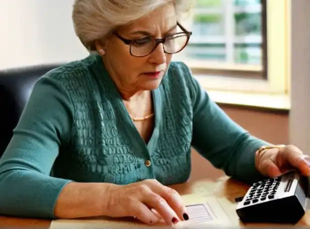 Retiree woman calculating pension with calculator on a desk