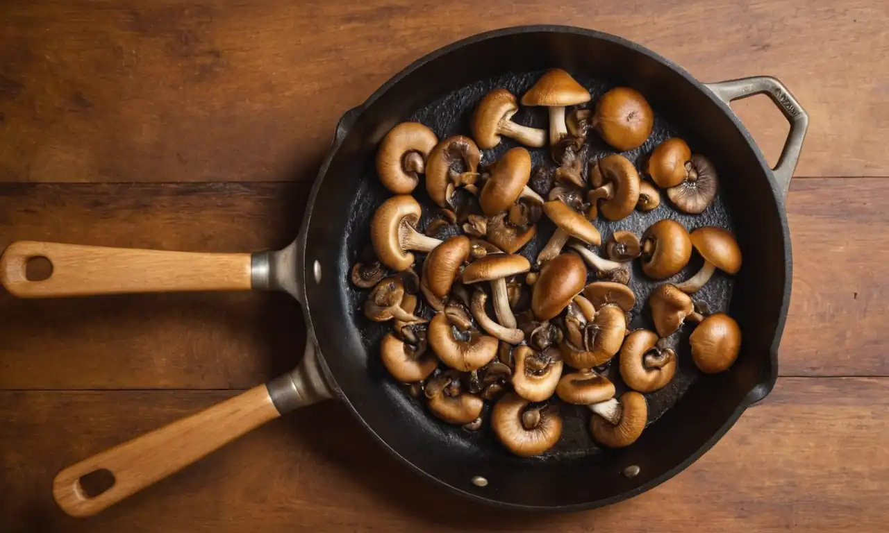 Mushrooms in skillet, wooden spoon, golden-brown color, kitchen background