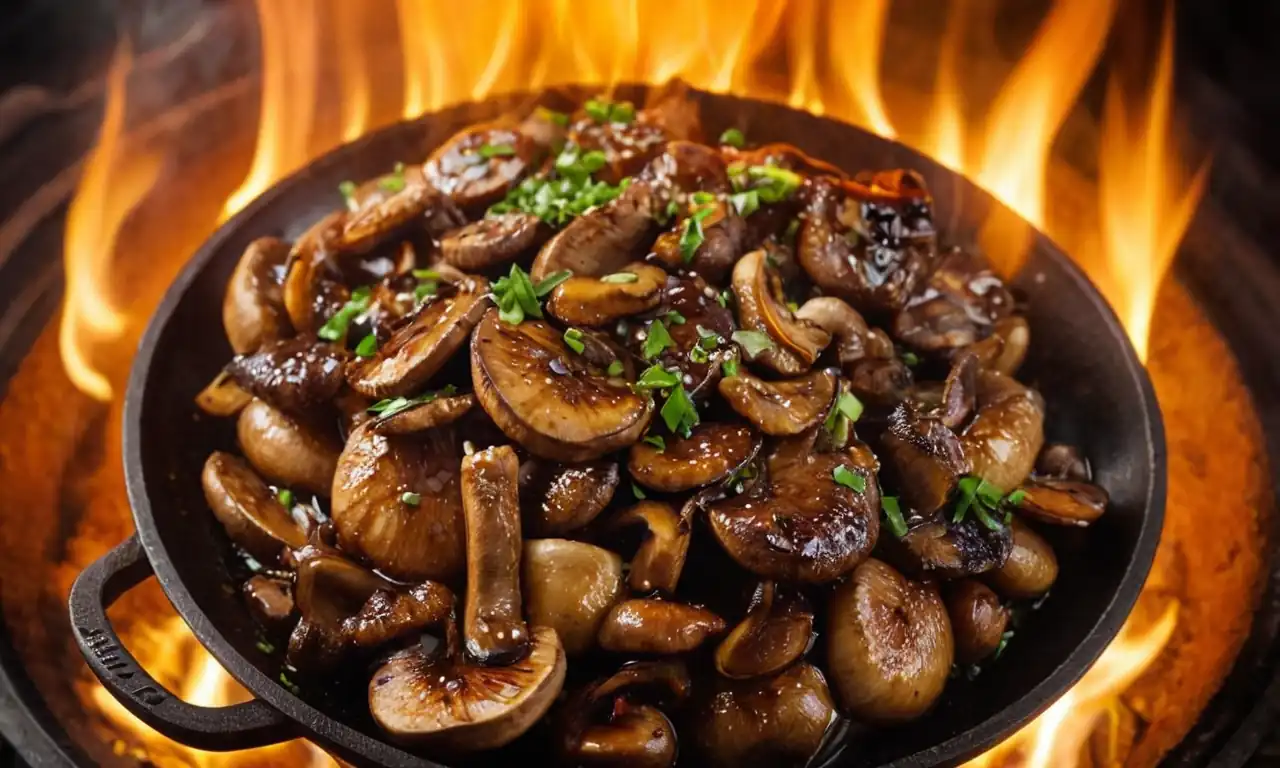 Sizzling wok, tender mushrooms, sizzling oil, savory sauce