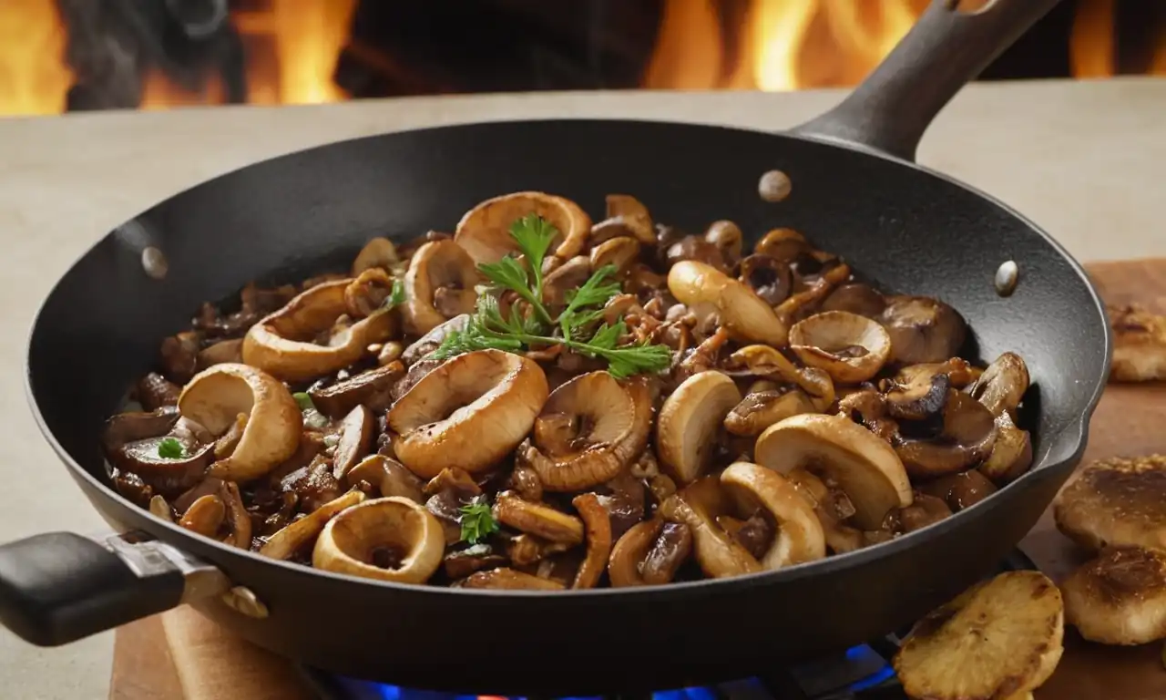 Sizzling pan, golden-brown mushrooms, savory sauce, chef's hat