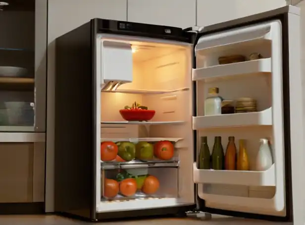 New fridge in modern kitchen with utensils and food