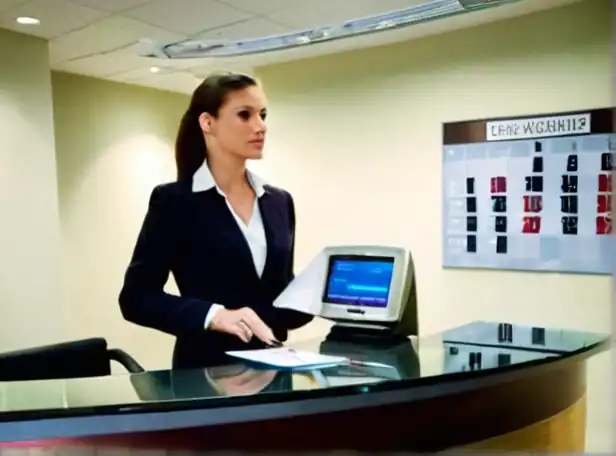 Bank account manager verifying check in office with clock and calendar