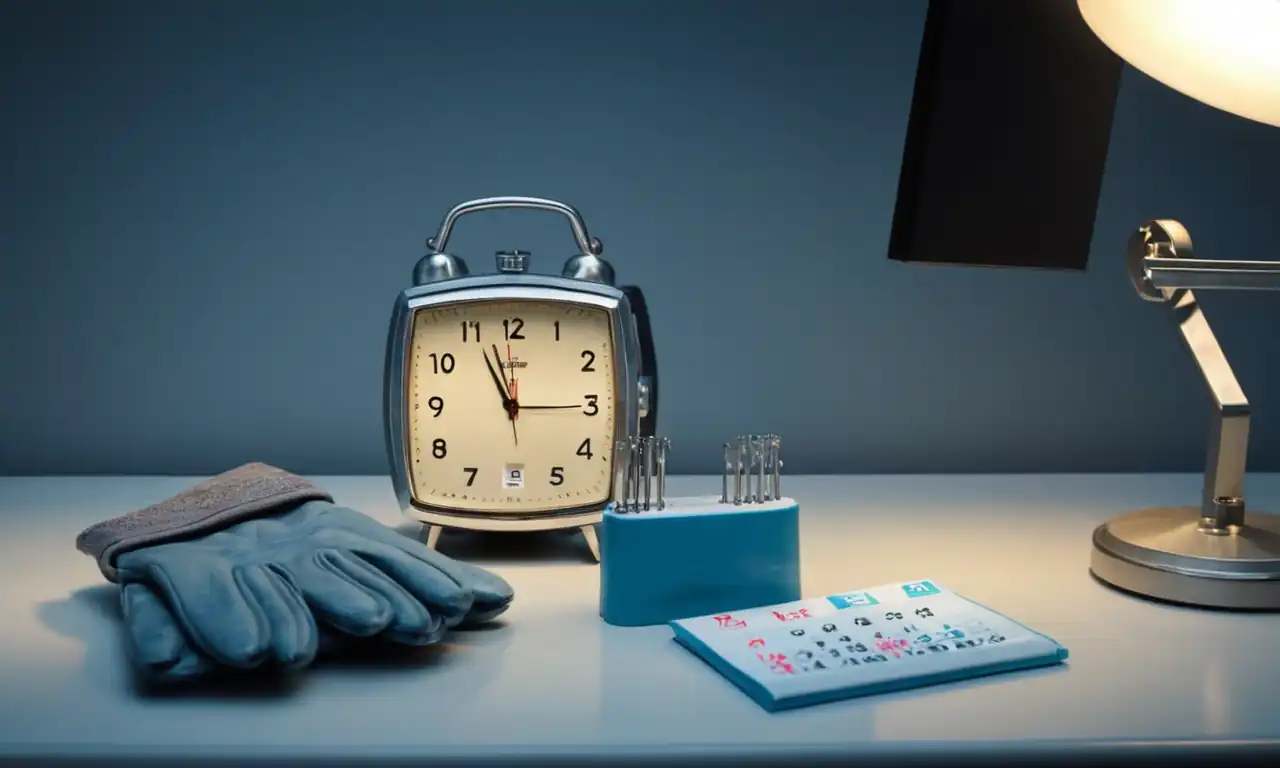 Modern dental implant, x-ray machine, calendar clock, doctor's gloves