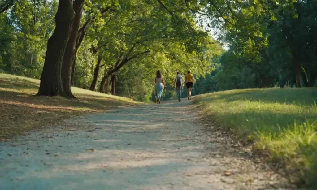 Personas saludables caminando en un parque vacío con un fondo azul claro