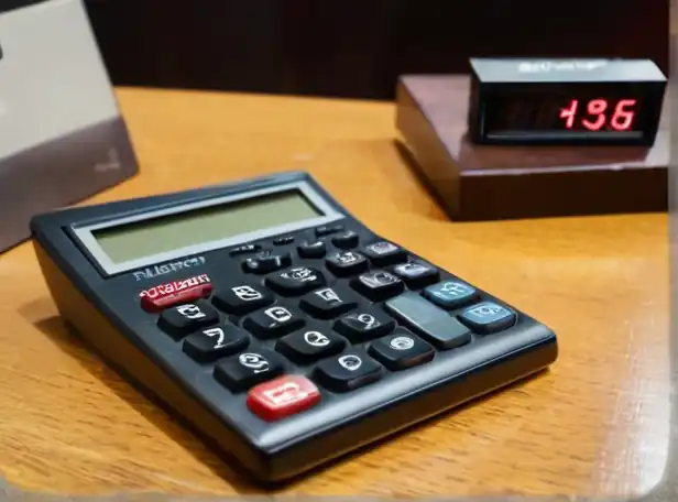 calculator and clock on a desk