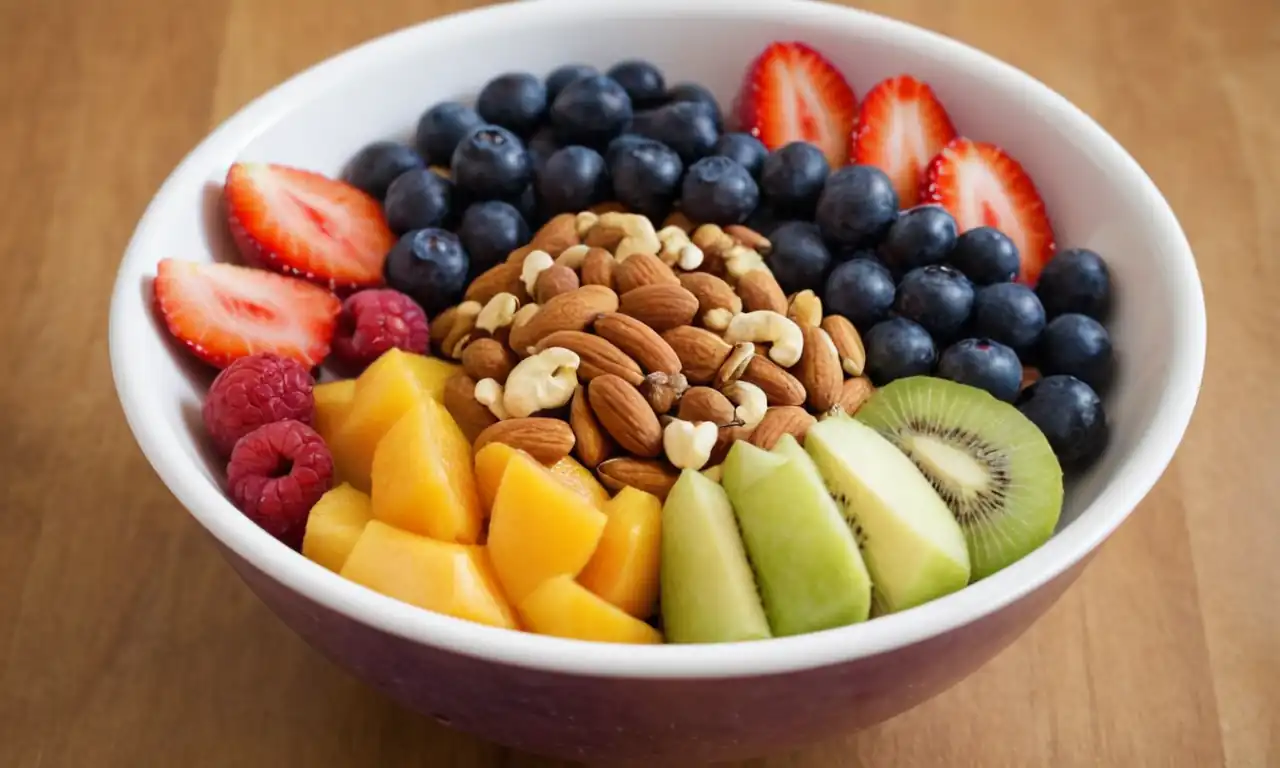 Bowl, fruit bowl, nuts, healthy snack, natural benefits