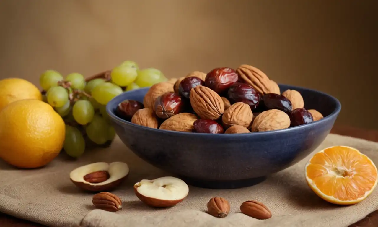 A bowl with assorted nuts, a small plate with dates, and a fruit basket