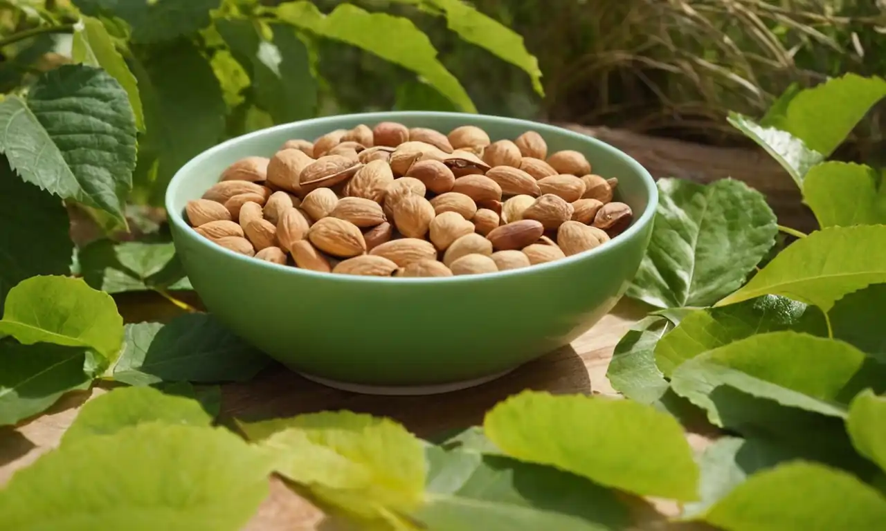 Nuts bowl, health book, green leaves, golden sun