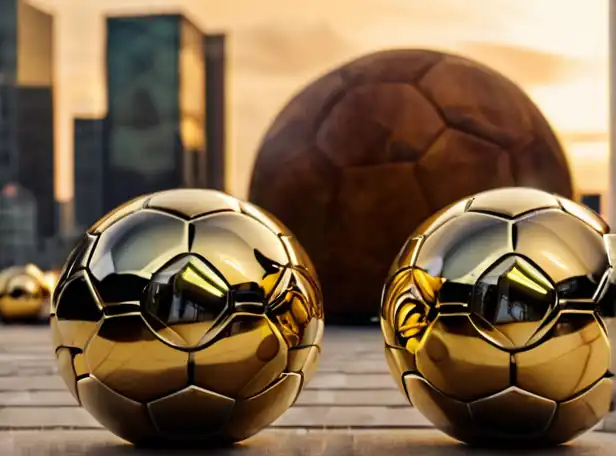 Golden crowns and footballs amidst a futuristic cityscape at sunset