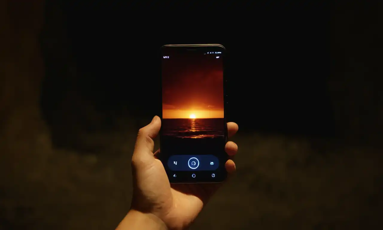 Un smartphone abierto en una mano, con la pantalla oscura y el silencio indicador