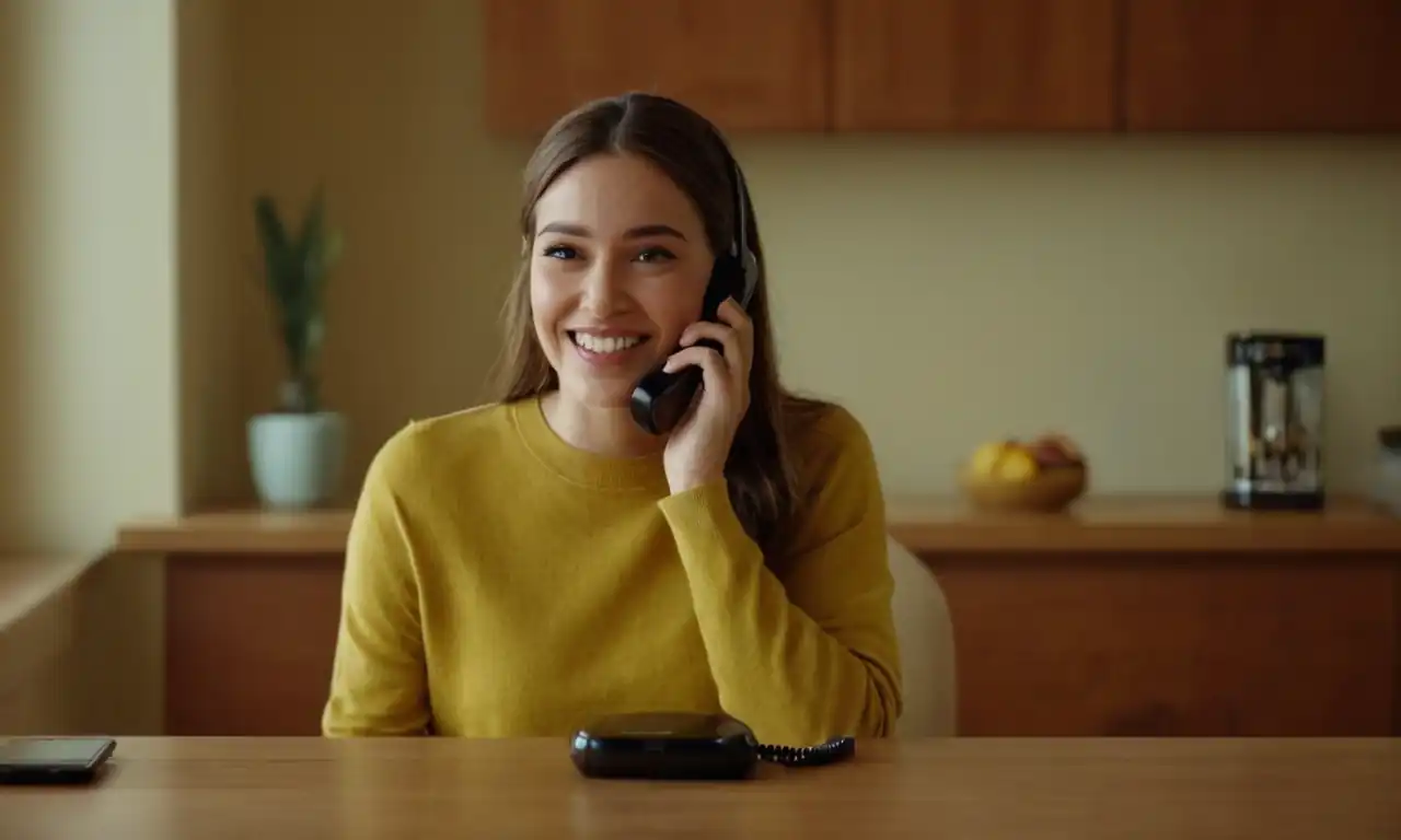 Persona sonriente sentada en una mesa, con su teléfono cerca y una expresión de alivio