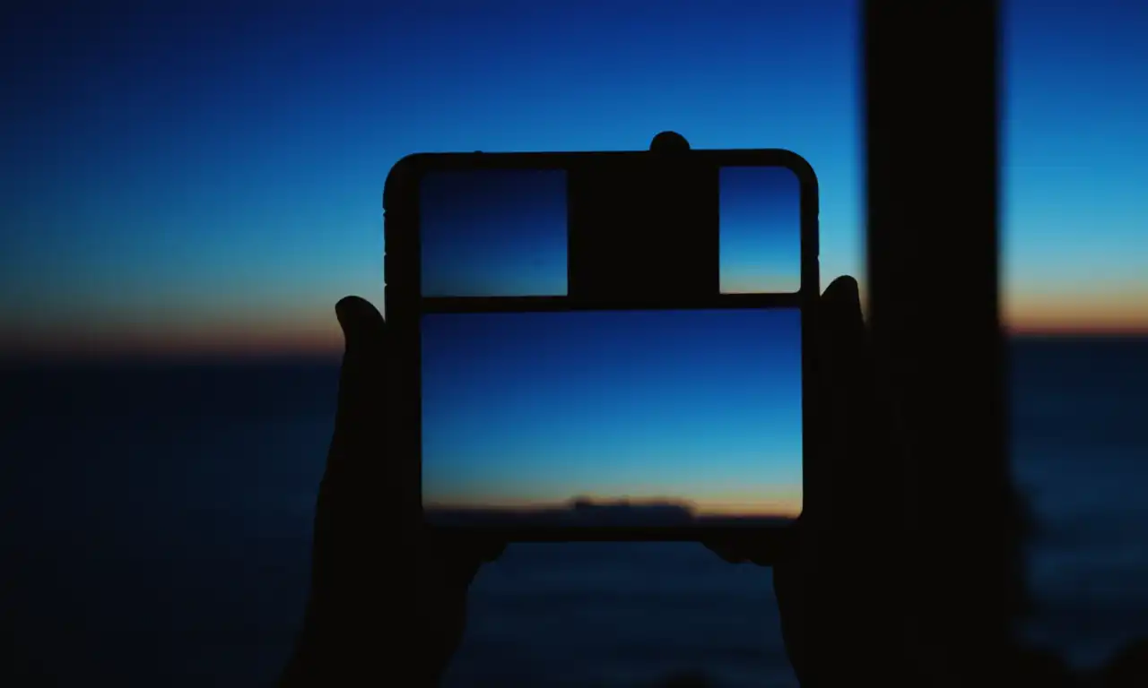 Un móvil en silueta con pantalla oscura y fondo azul