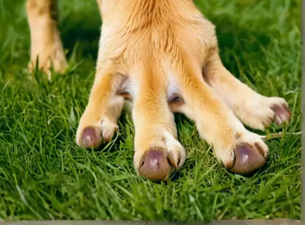 A close-up of a happy dog's paw recovering on green grass