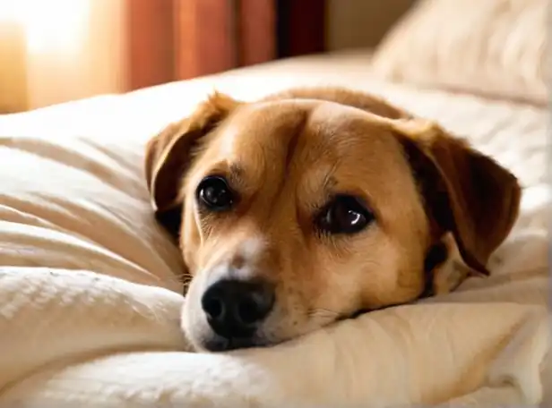 A dog lying on a soft bed with gentle sunlight