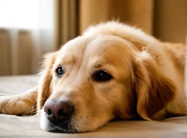 Gentle golden retriever lying on a soft blanket