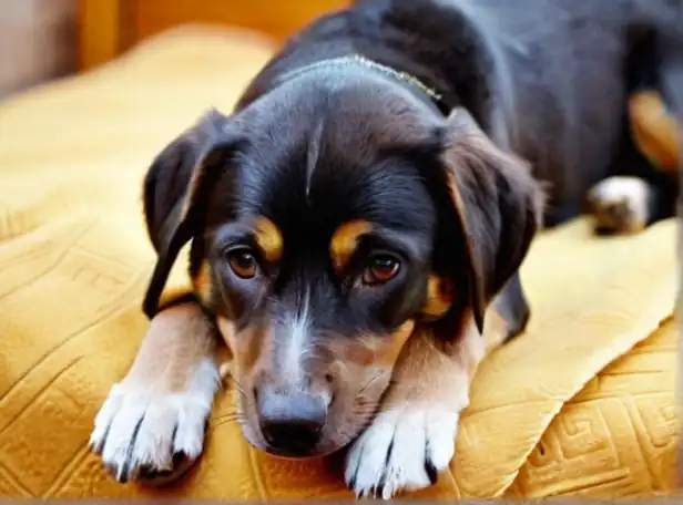 A gentle dog lying on a soft blanket with a wound dressing