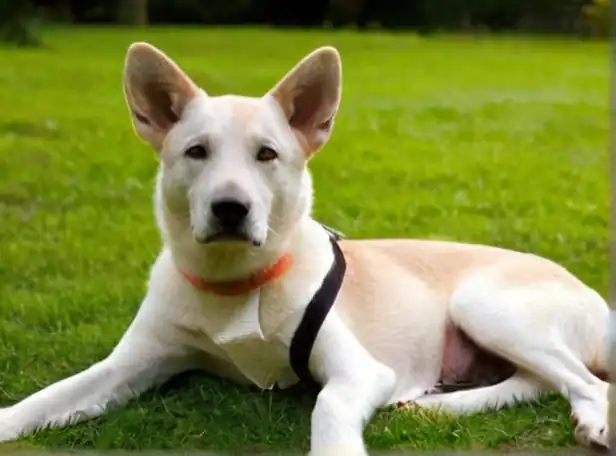 Dog sitting on grass with bandage around paw