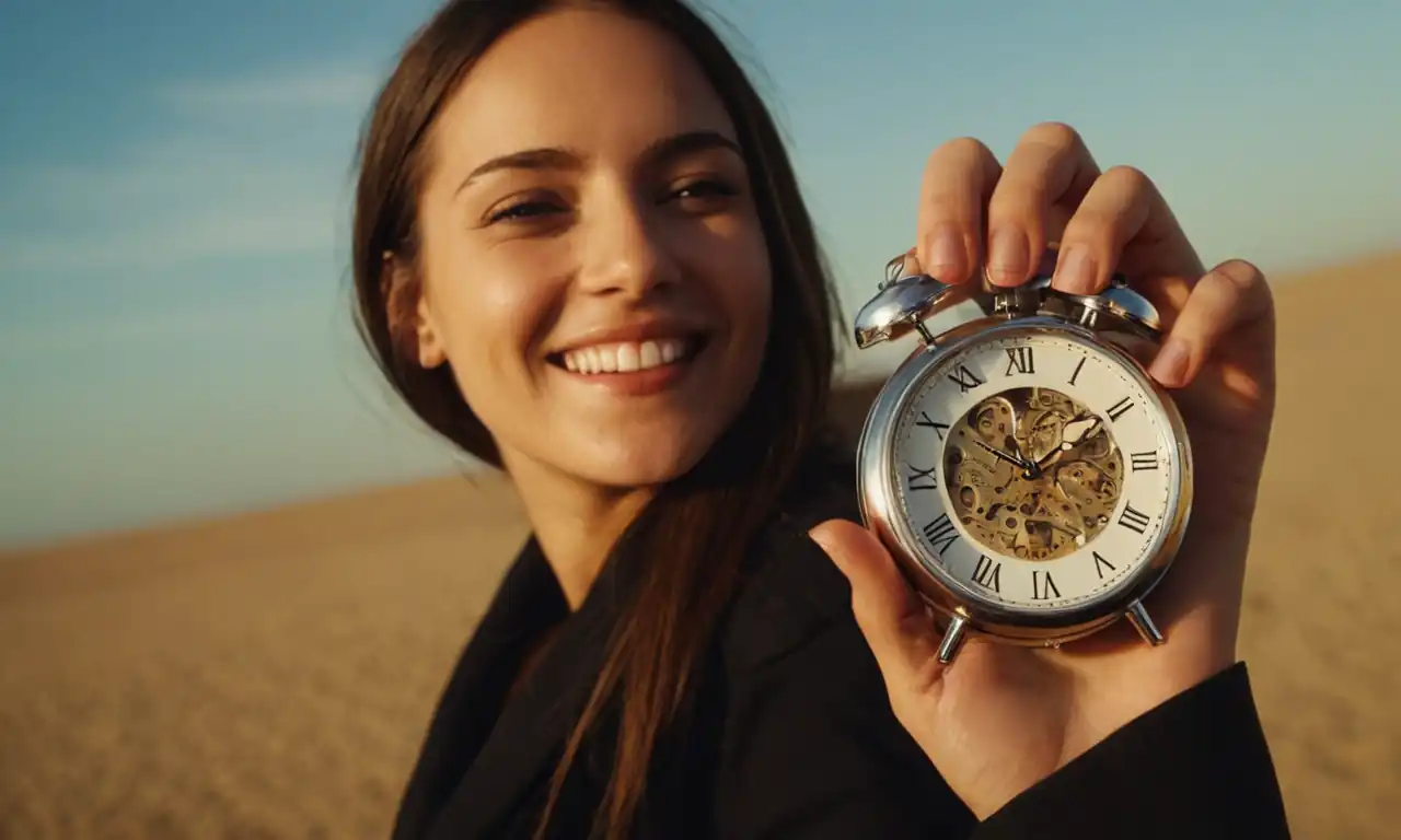 Una persona sosteniendo un reloj con una sonrisa, rodeada de elementos relacionados con la percepción y el tiempo